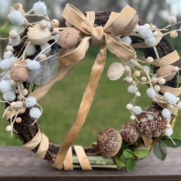 Spring Burlap Eggs Glitter Mushroom Earth Tones Wreath Home Decoration - Picture 6 of 10